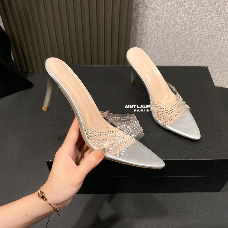 Transparent rhinestone thin-heeled flip-flops 2025 new large-sized European and American spring/Summer new solid color pointed-toe high-heeled slippers for women details Picture