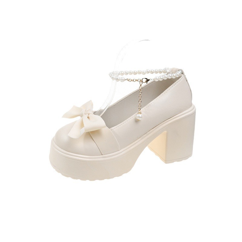 Spring 2025 new Korean version bow shallow-moused pearl one-button thick heel round toe single shoe Mary Jane small leather shoes for women Item Picture