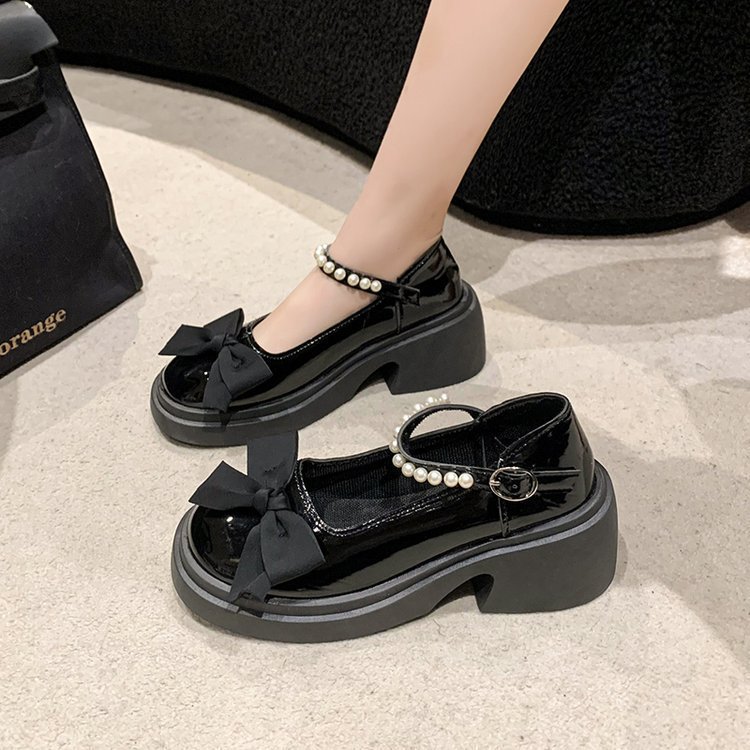 Mary Jane Single Shoe Women's Spring/Summer 2025 New style fashionable and sweet bow thick-soled, chunky heel pearl small leather shoes details Picture
