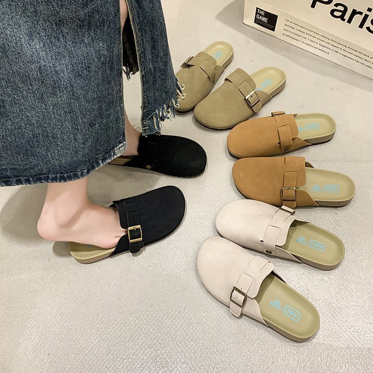 Taizhou large-sized one-legged flip-top half-slipper 2025 new style retro flat slipper round toe fleece lazy slipper full figure