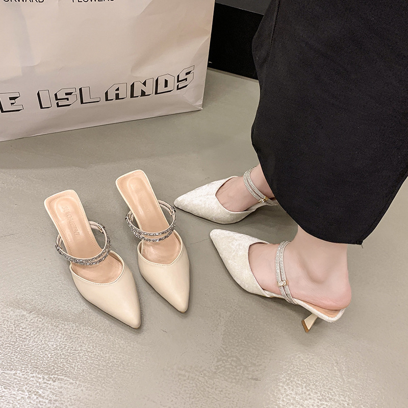 Women's mid-heel flip-flops, summer outerwear, pointed-toe thin-heel rhinestone back empty single shoes, 2025 new style details Picture