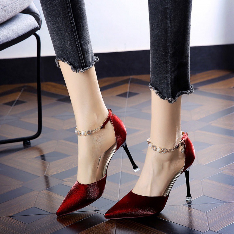 Red soled high heels, sexy satin one-shoulder buckle, pointed rhinestone, red 2025 spring thin-heeled dress women's single shoes Specification drawing