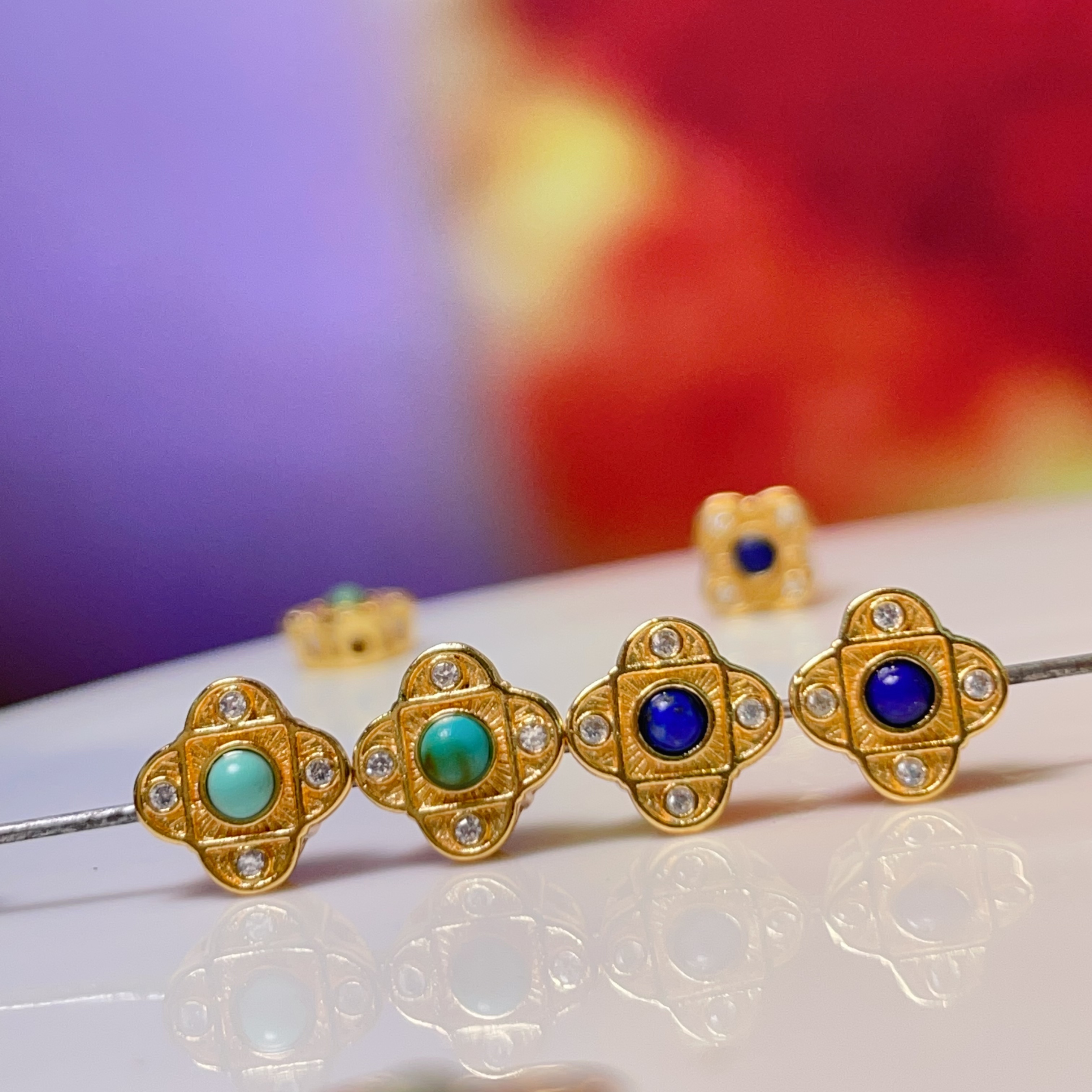 青金锆石四叶直孔diy饰品配件水晶配件古法沙金配件铜镀真金高保色详情2