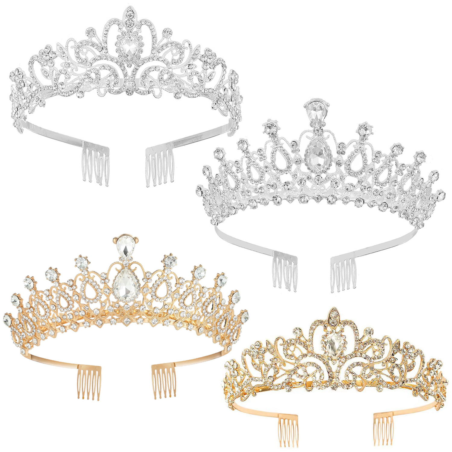 二款合金材质精致皇冠，银金双色闪耀，镶嵌水晶，尽显高贵典雅，适合婚礼、生日派对等场合佩戴。现货巴洛克水晶新娘皇冠厂家直销