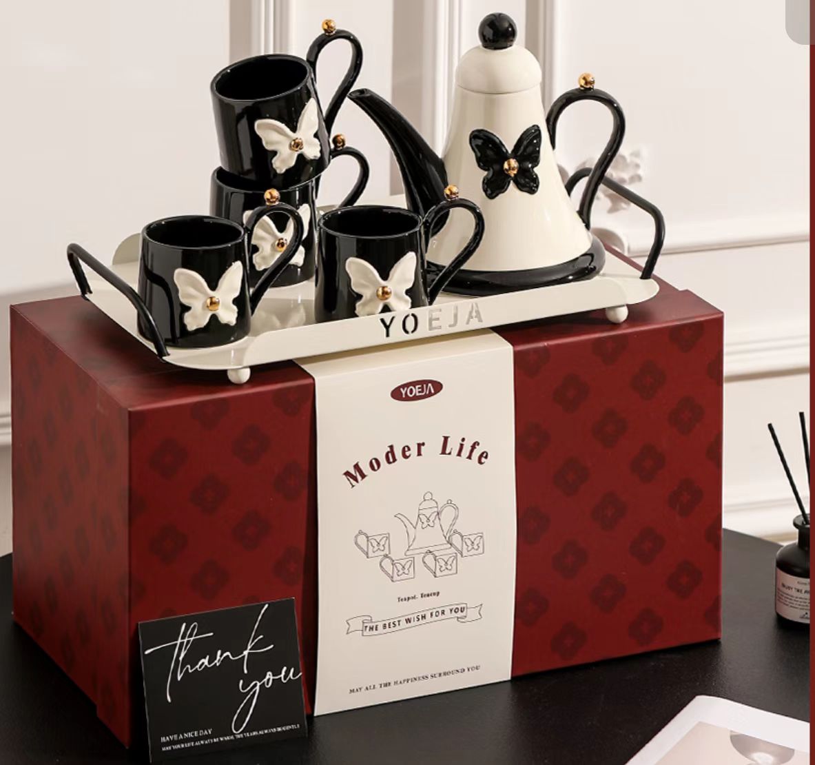YOEJA蝴蝶茶具套装，优雅黑金设计，礼盒装尽显品味，现代生活美学之选