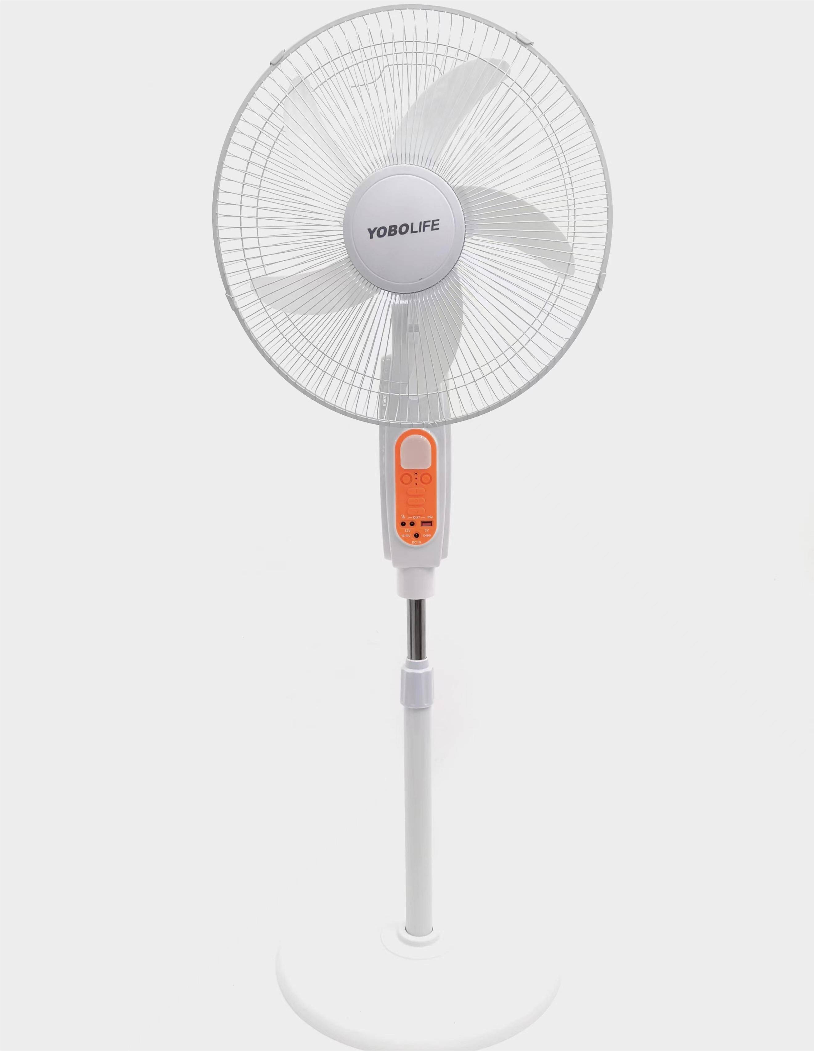YOBOLIFE's best-selling 16-inch solar-powered charging fan features 3 wind speed Settings - timer - remote control. It can be connected to an external light bulb and has a usage time of 6 to 16 hours details Picture