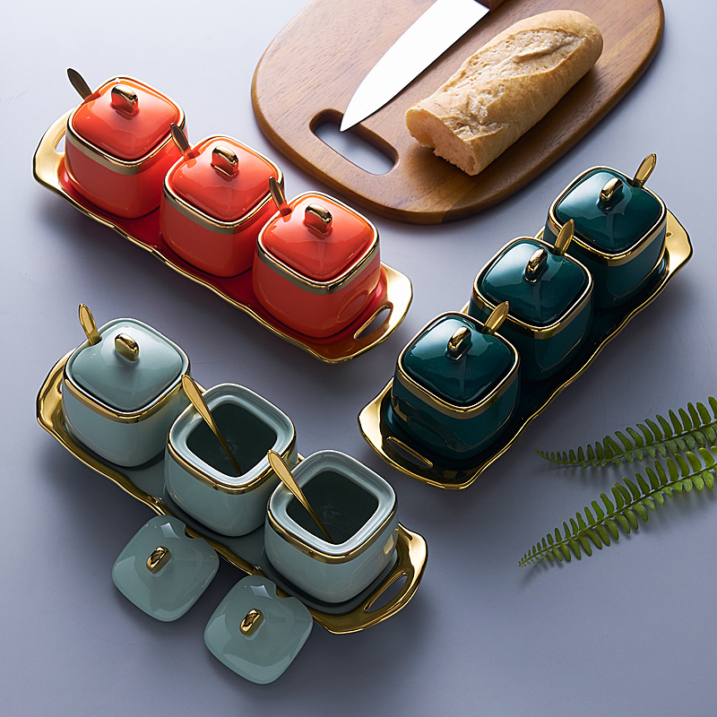北欧陶瓷调味罐套装 欧式陶瓷杯碟定制logo复古创意纯色