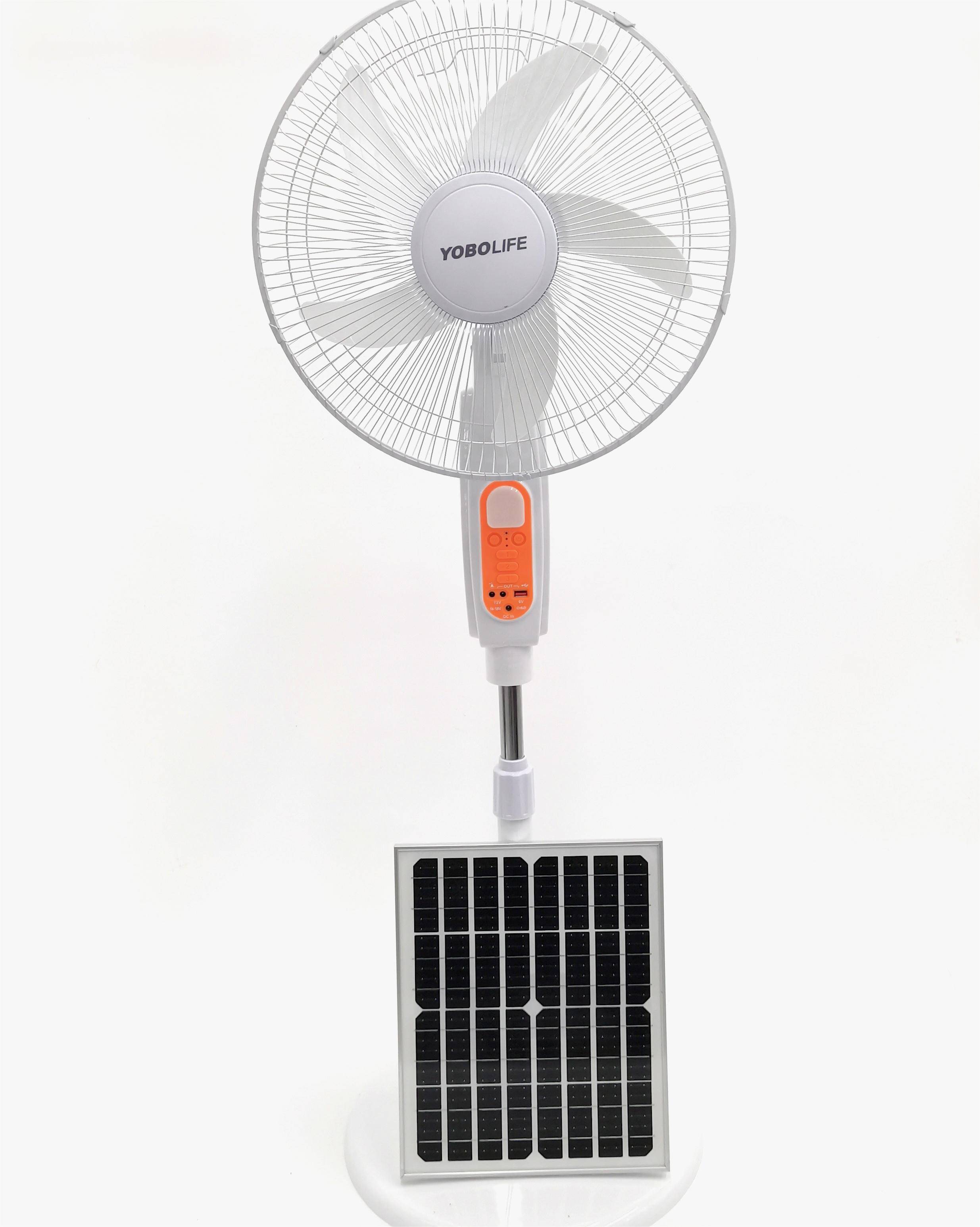 YOBOLIFE's best-selling 16-inch solar-powered charging fan features 3 wind speed Settings - timer - remote control. It can be connected to an external light bulb and has a usage time of 6 to 16 hours Specification image