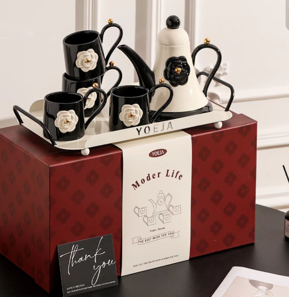 YOEJA蝴蝶茶具套装，优雅黑金设计，礼盒装尽显品味，现代生活美学之选细节图