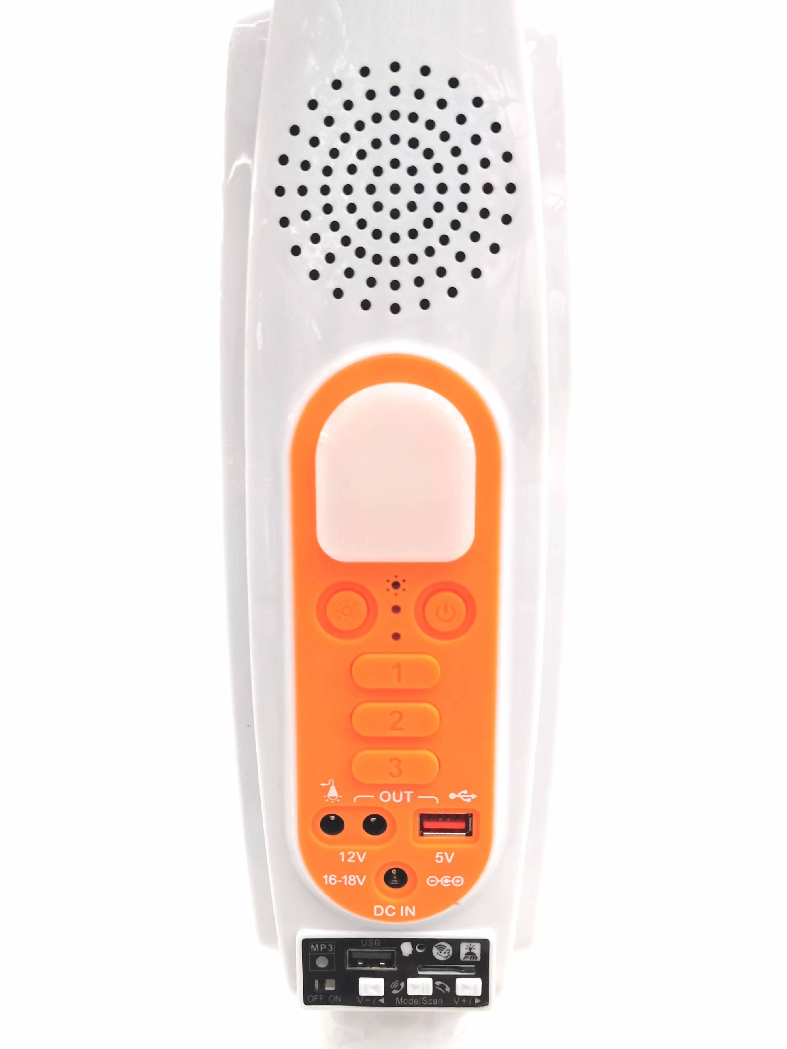 YOBOLIFE热销16英寸充电音乐风扇，3档风-定时器-遥控器，可外接灯泡，6-16小时使用时长，蓝牙音乐广播收音播放产品图