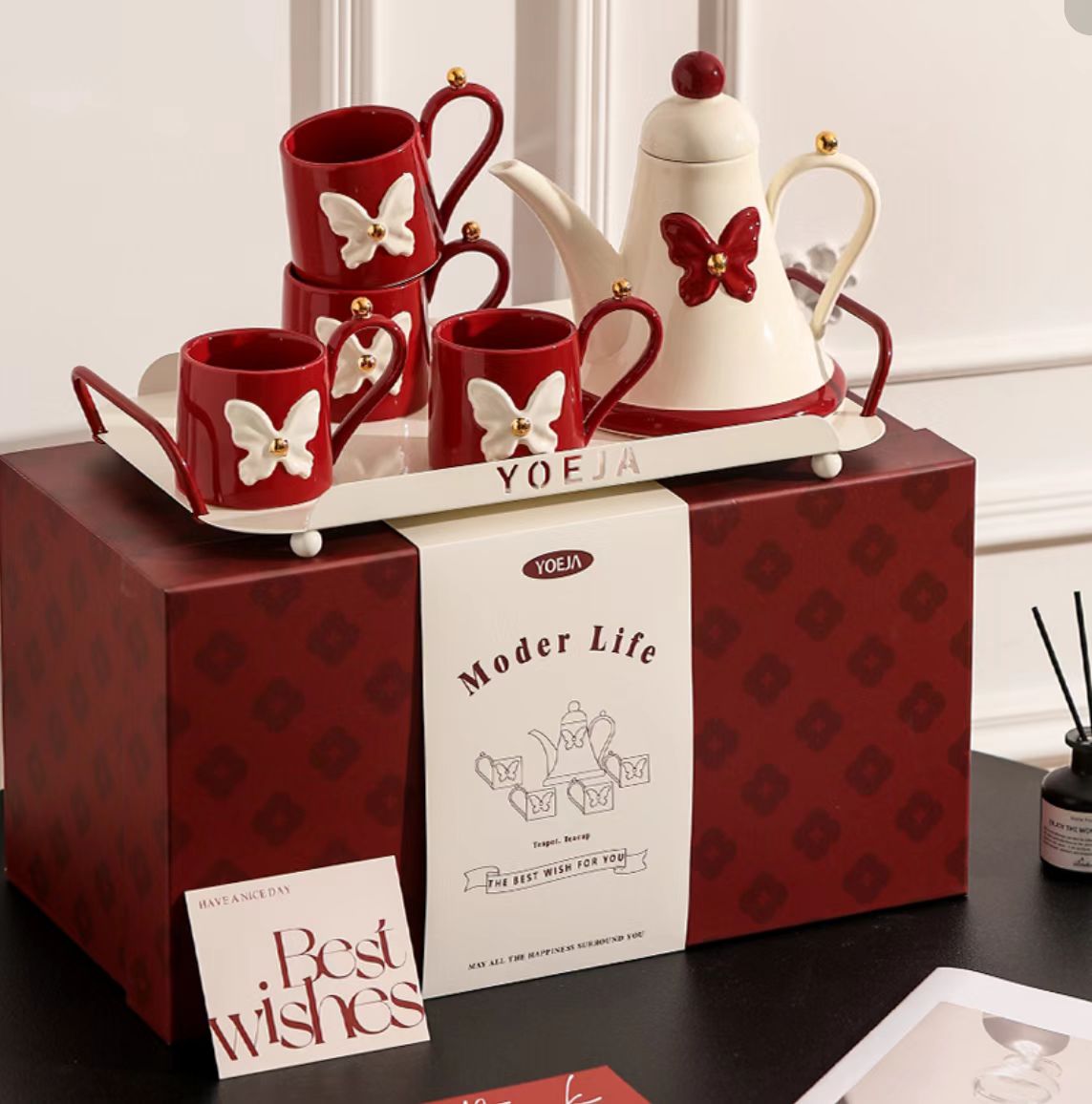 YOEJA蝴蝶茶具套装，优雅黑金设计，礼盒装尽显品味，现代生活美学之选产品图
