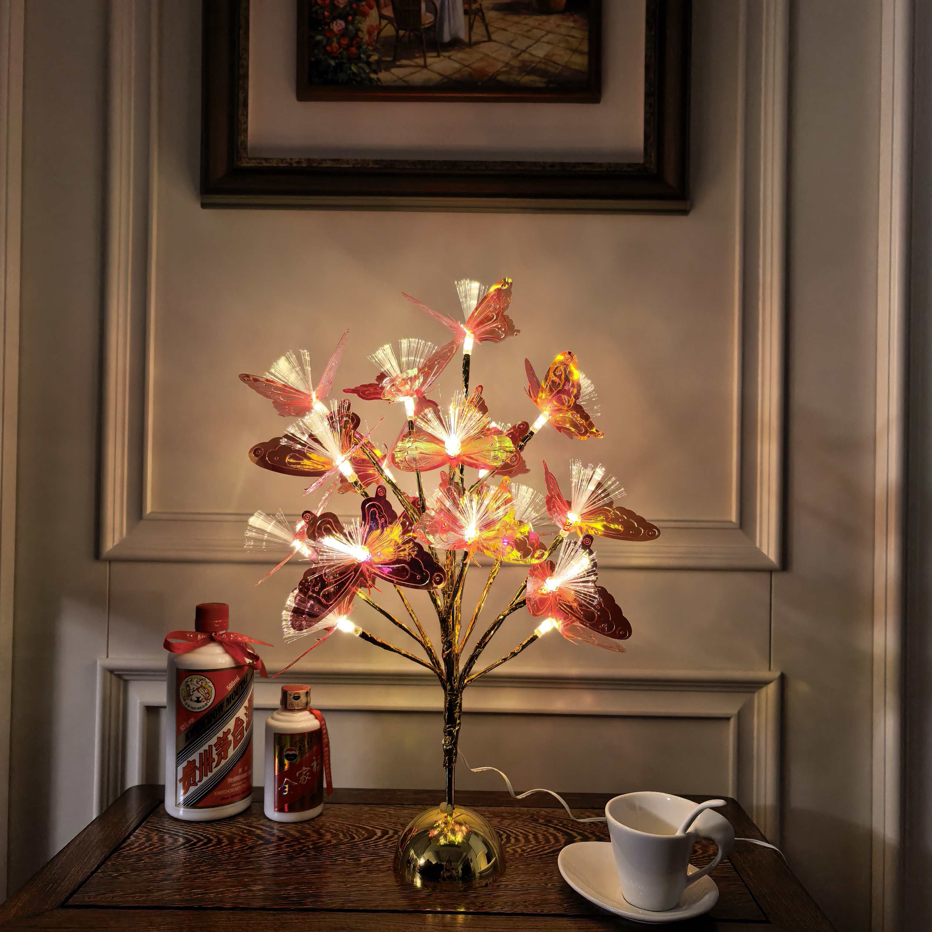 镀金半圆18头金枝金色亮片蝴蝶光纤LED树灯，适用于家居装饰，摆件，节日派对用品，送礼礼物，万圣节爆款LED，圣诞灯细节图