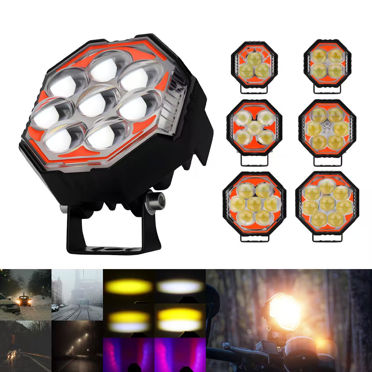 Motorcycle LED octagonal spotlights, 8 lenses, white, yellow, red, blue, flashing, near and far, road installation lights, electric vehicle spotlights pic 7