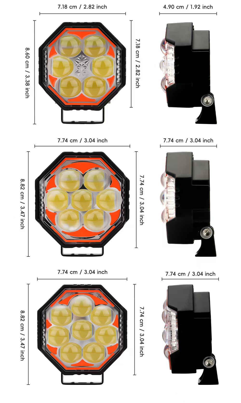 Motorcycle LED octagonal spotlights, 8 lenses, white, yellow, red, blue, flashing, near and far, road installation lights, electric vehicle spotlights pic 5