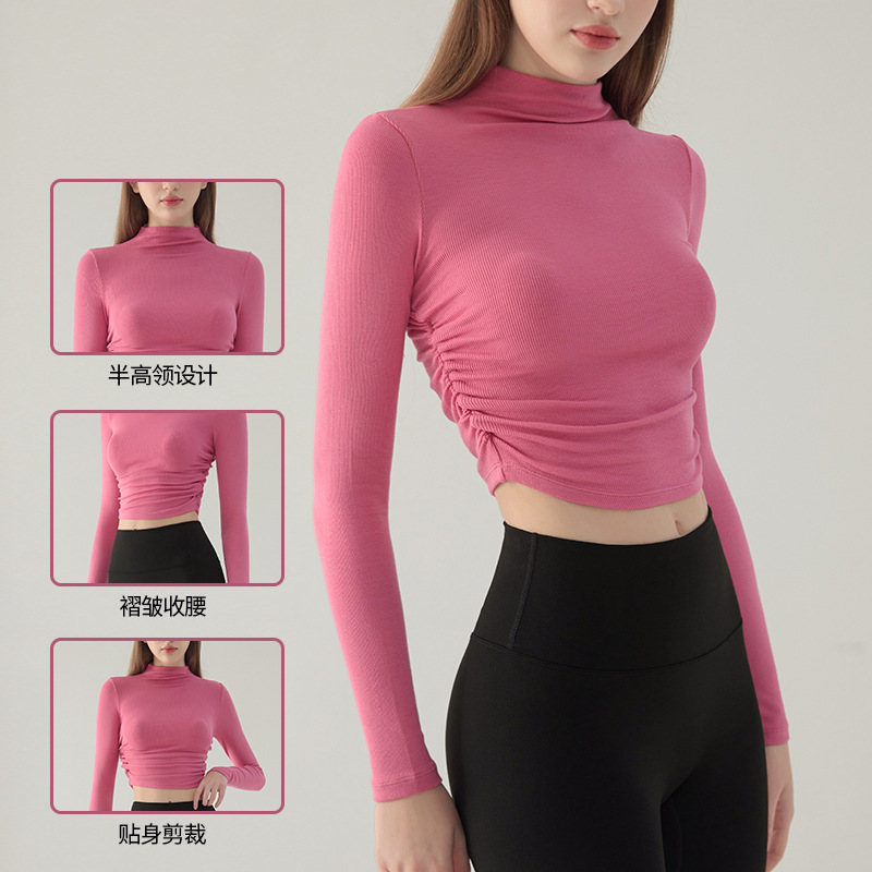 跨境高领显瘦瑜伽服女弹力健身服跑步运动上衣秋冬款外穿打底长袖 瑜伽服运动服饰瑜伽详情图2