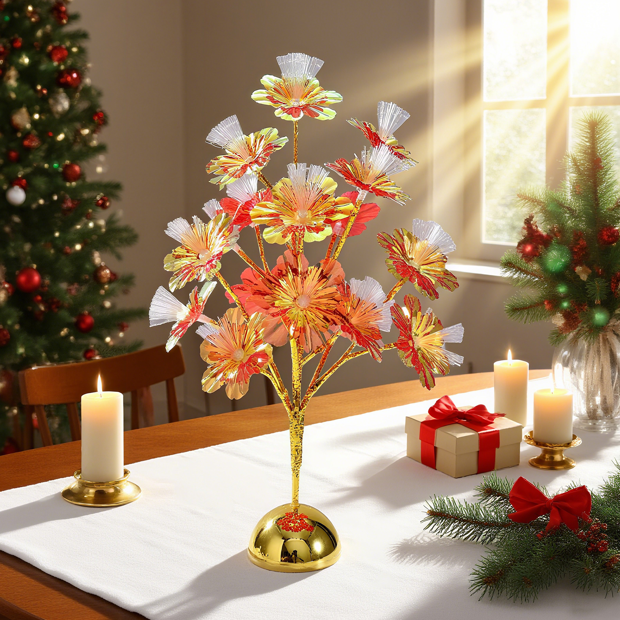 金枝金色亮片大小六角光纤灯，LED树灯，镀金半圆18头，万圣节爆款LED，圣诞灯，家居装饰灯，送礼礼品