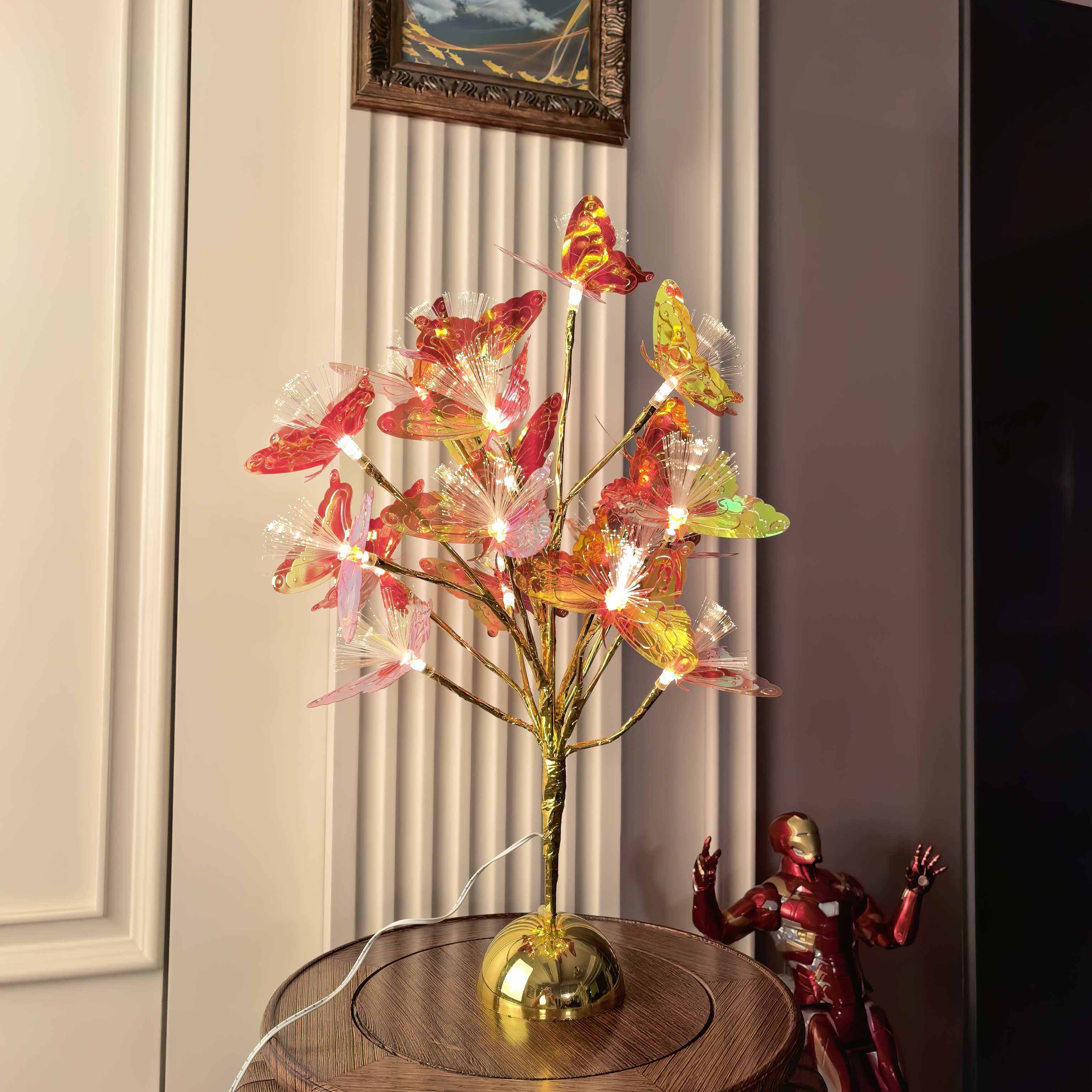 镀金半圆18头金枝金色亮片蝴蝶光纤LED树灯，适用于家居装饰，摆件，节日派对用品，送礼礼物，万圣节爆款LED，圣诞灯详情图3