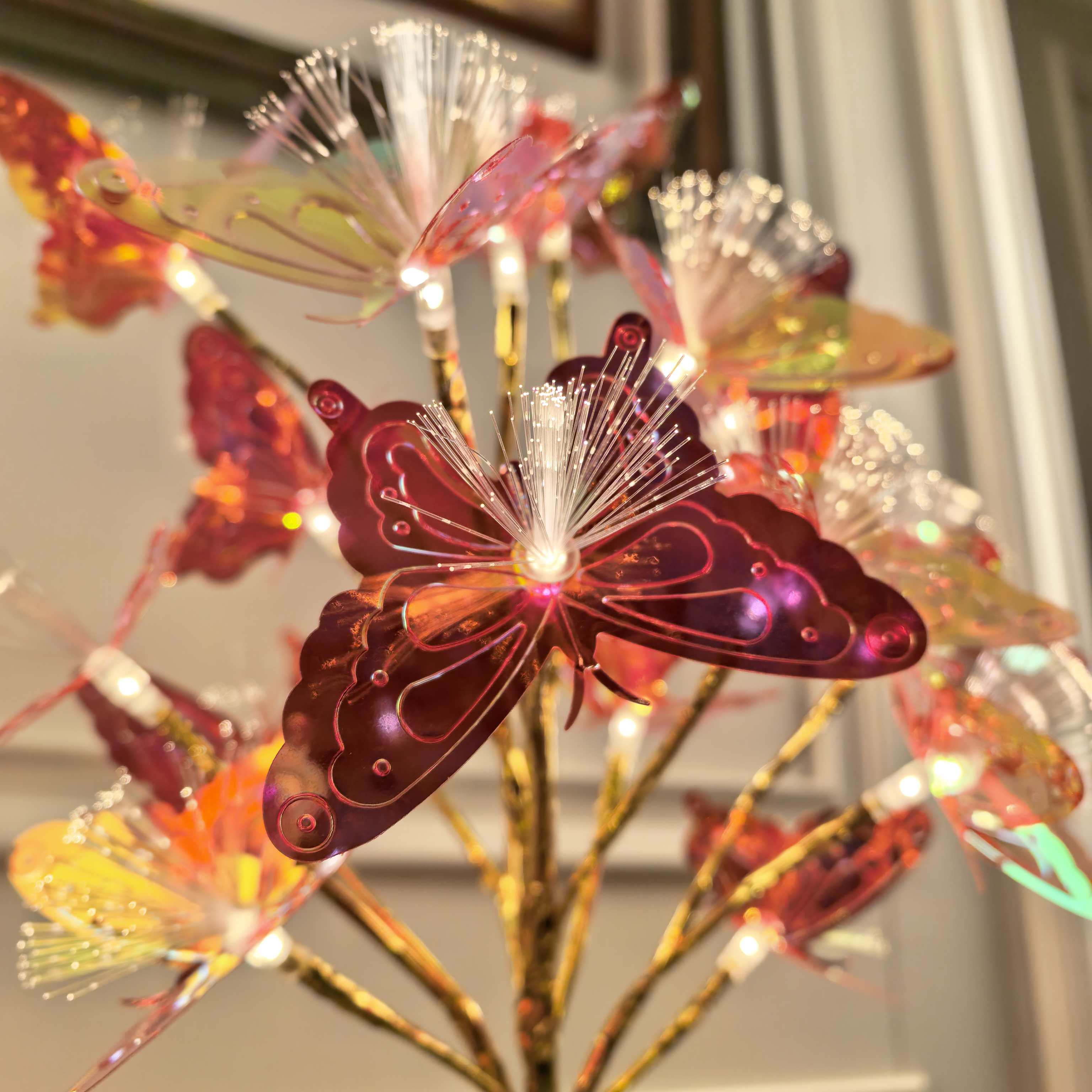 镀金半圆18头金枝金色亮片蝴蝶光纤LED树灯，适用于家居装饰，摆件，节日派对用品，送礼礼物，万圣节爆款LED，圣诞灯详情图6