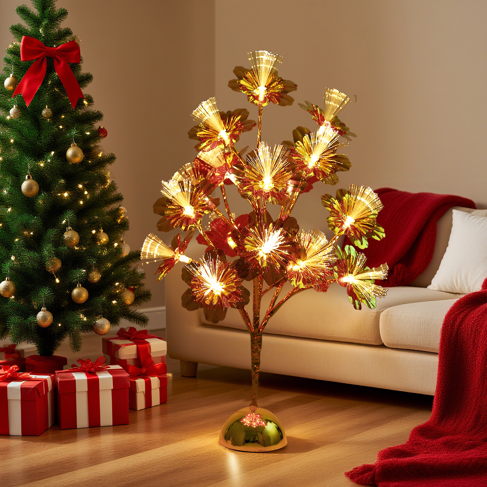 Golden branch golden sequined hexagonal fiber optic light, LED tree light, gold-plated semi-circle 18-head, Halloween bestseller LED, Christmas light, home decoration light, gift detail image 2