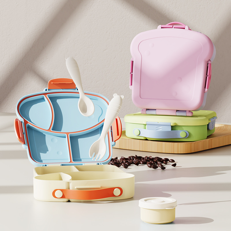 分格不串味便当盒可进微波炉塑料儿童饭盒带叉勺酱料盒
