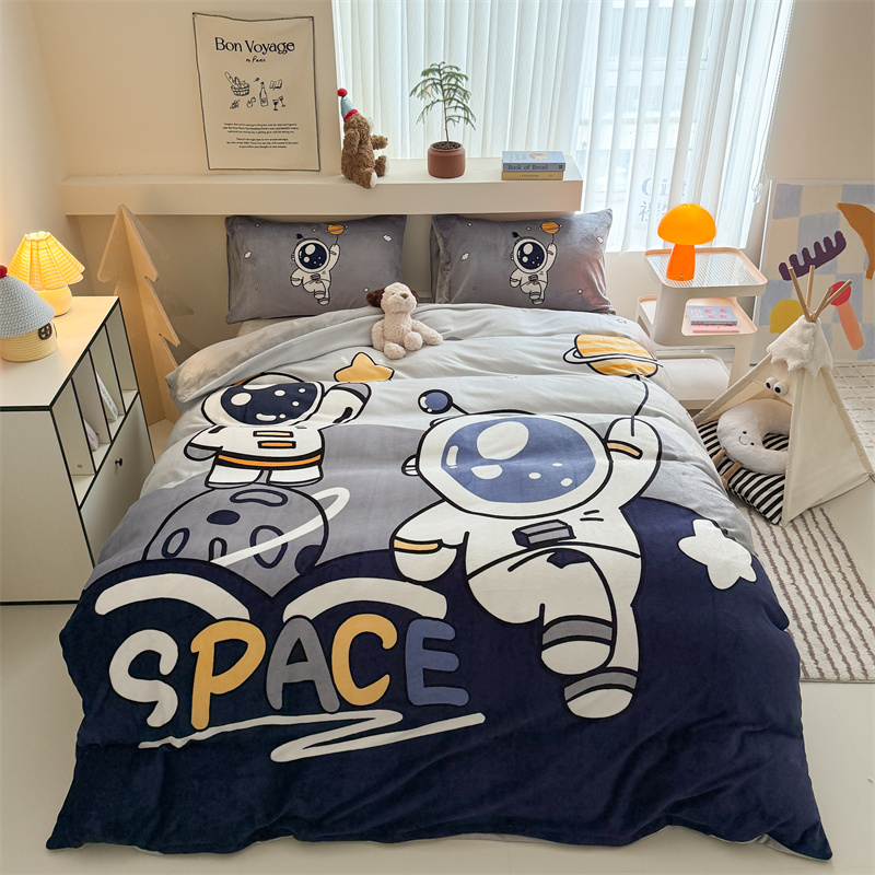 Wholesale from the source factory of the 2025 new type a large version cartoon thickened milk fleece printed four-piece set for mothers and babies