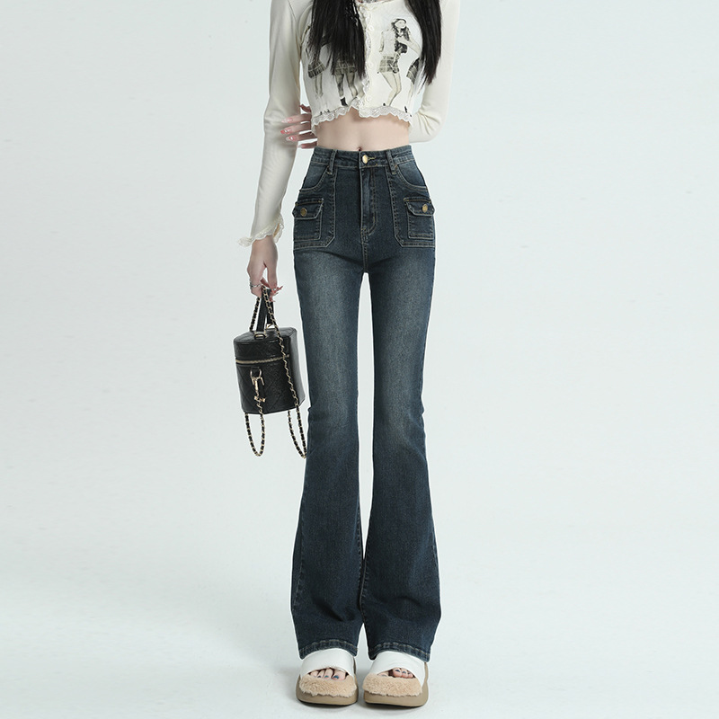 American multi-pocket niche design flared denim long pants 2023 Spring and Autumn high-waisted slim stretch jeans for women 12312