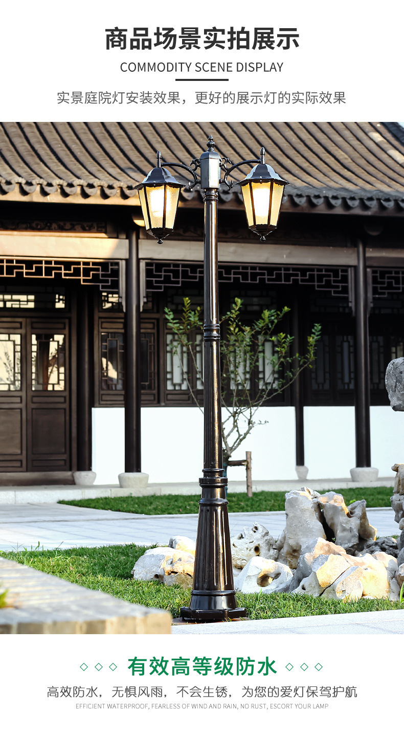 Solar-powered European-style double-head led garden lights, outdoor waterproof, retro garden landscape lights, industrial style, ancient-style street lights pic 3