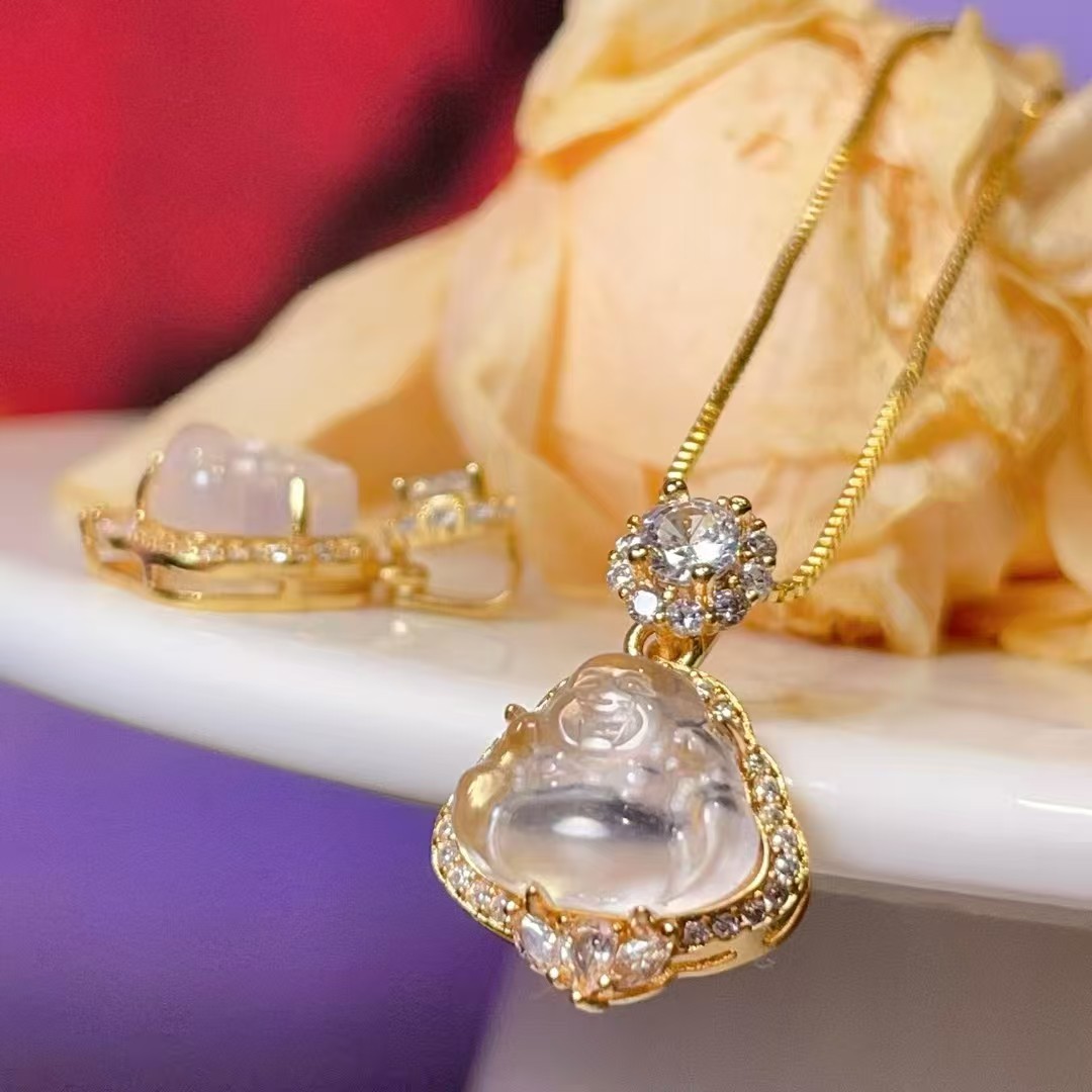 Water foam jade zircon Buddha Pendant diy jewelry accessory, crystal accessory, ancient method sand gold accessory, copper-plated real gold high color retention details Picture