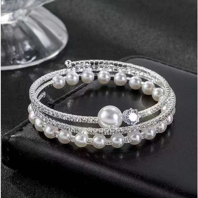 跨境批发新娘珍珠水钻锆石开口缠绕手镯金银色镶钻手链女新款1187