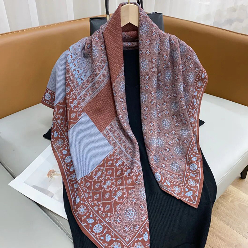 New spring fashion and versatile plush double-sided differently colored shawl, 90 silk scarf, square scarf, velvet cotton new women's retro scarf Specification image