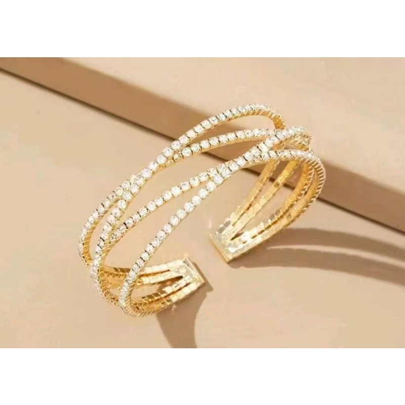 欧美镶钻金属感交叉花朵多层开口手镯时尚个性小众气质高级手饰女