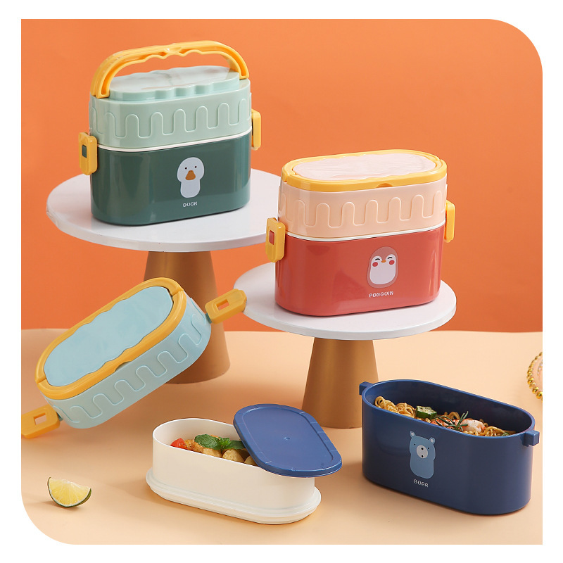 J35-2516A cartoon plastic double-layer lunch box, office worker and student lunch box, microwave oven-safe Japanese bento box