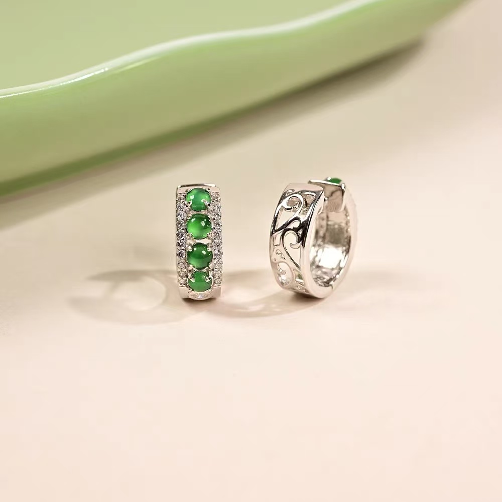 Natural jade earrings, ear rings, A-grade ice sun green egg surface, so small and exquisite green pure silver ear buckles, A gift for women details Picture
