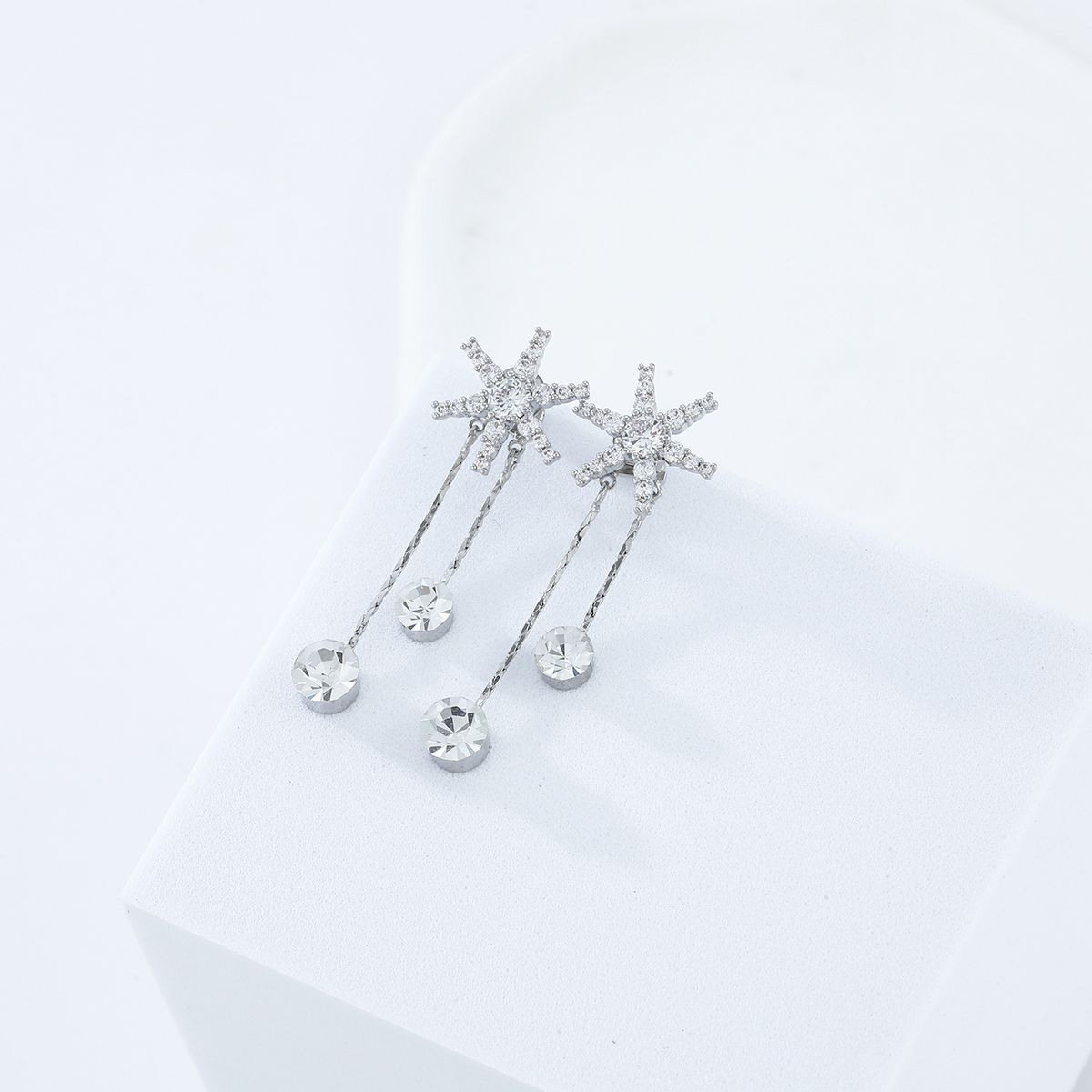 旭晖品牌精致轻奢铜镀真金镶锆石925银针六芒星可分体长款奢华设计时尚耳钉