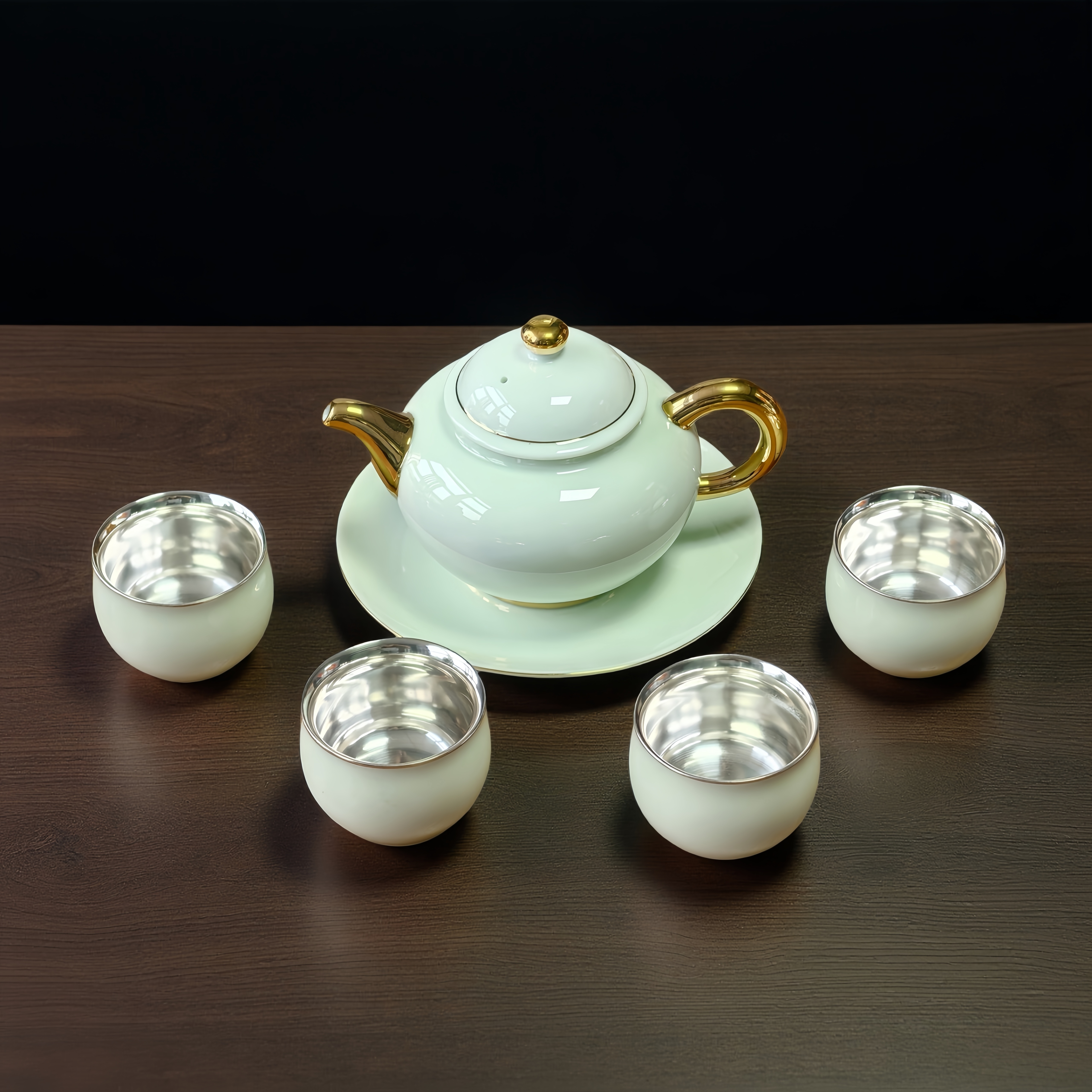 金口玉言银杯功夫茶具小茶杯开片品茗杯一壶四杯产品图