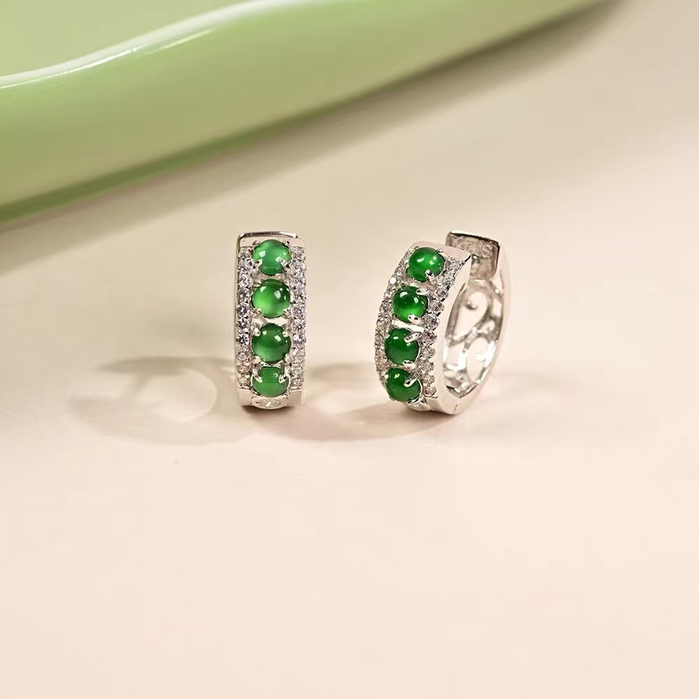 Natural jade earrings, ear rings, A-grade ice sun green egg surface, so small and exquisite green pure silver ear buckles, A gift for women