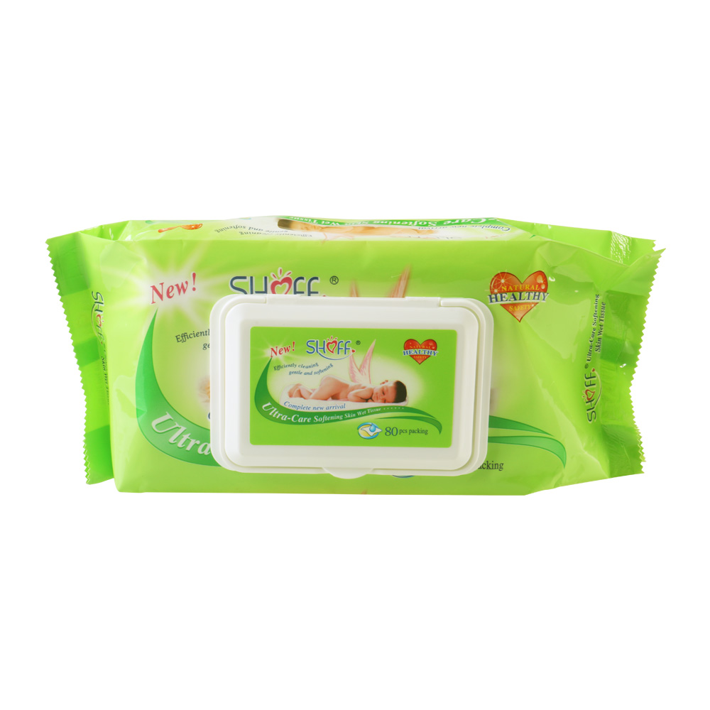 Close-up of Shoff baby wipe texture showing soft fiber weave and moisture retention