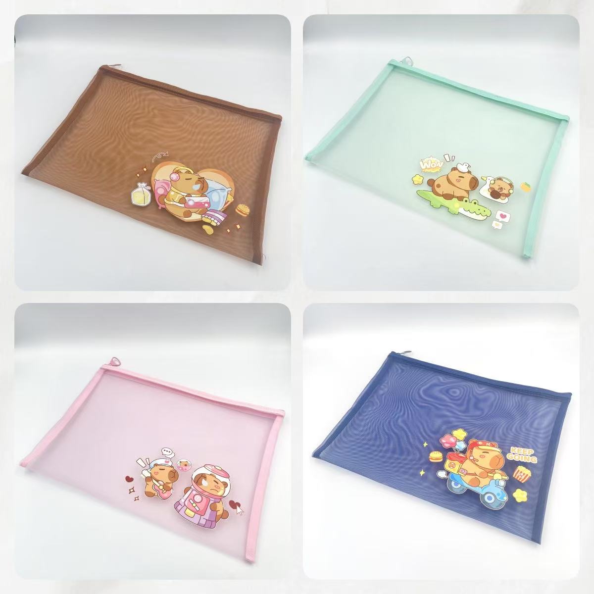 B6 zipper bag, cartoon printed mesh bag, student stationery bag, homework test paper bag, office materials bag