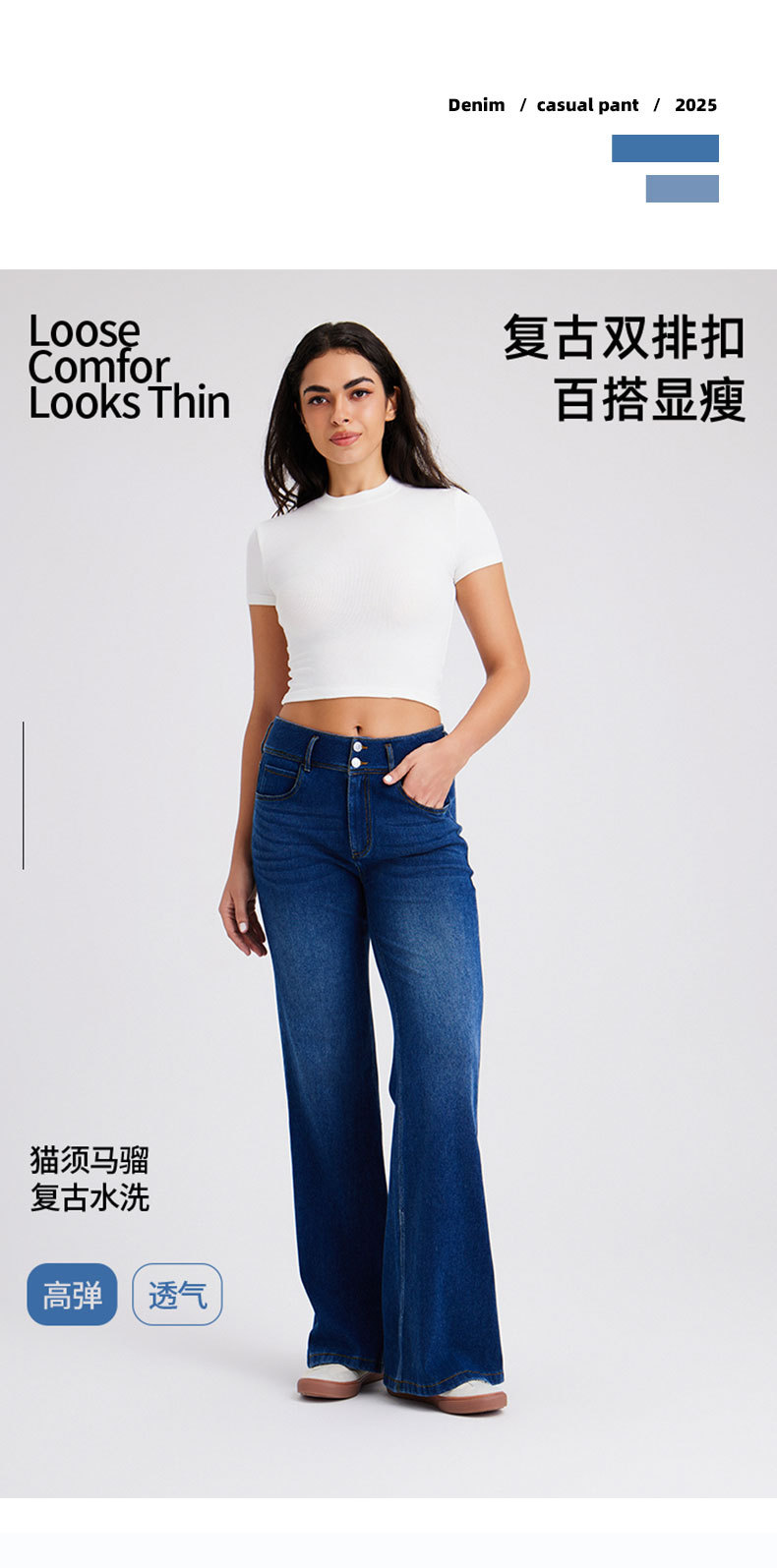 跨境欧美➕非洲大码新款高腰经典款牛仔阔腿裤女猫须马骝高弹显瘦拉链宽松休闲裤 牛仔裤牛仔裤女库存详情图1