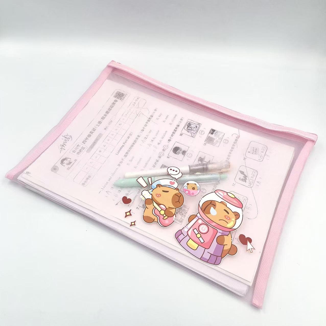 A5 zipper bag, cartoon printed mesh bag, student stationery bag, homework test paper bag, office materials bag pic 3