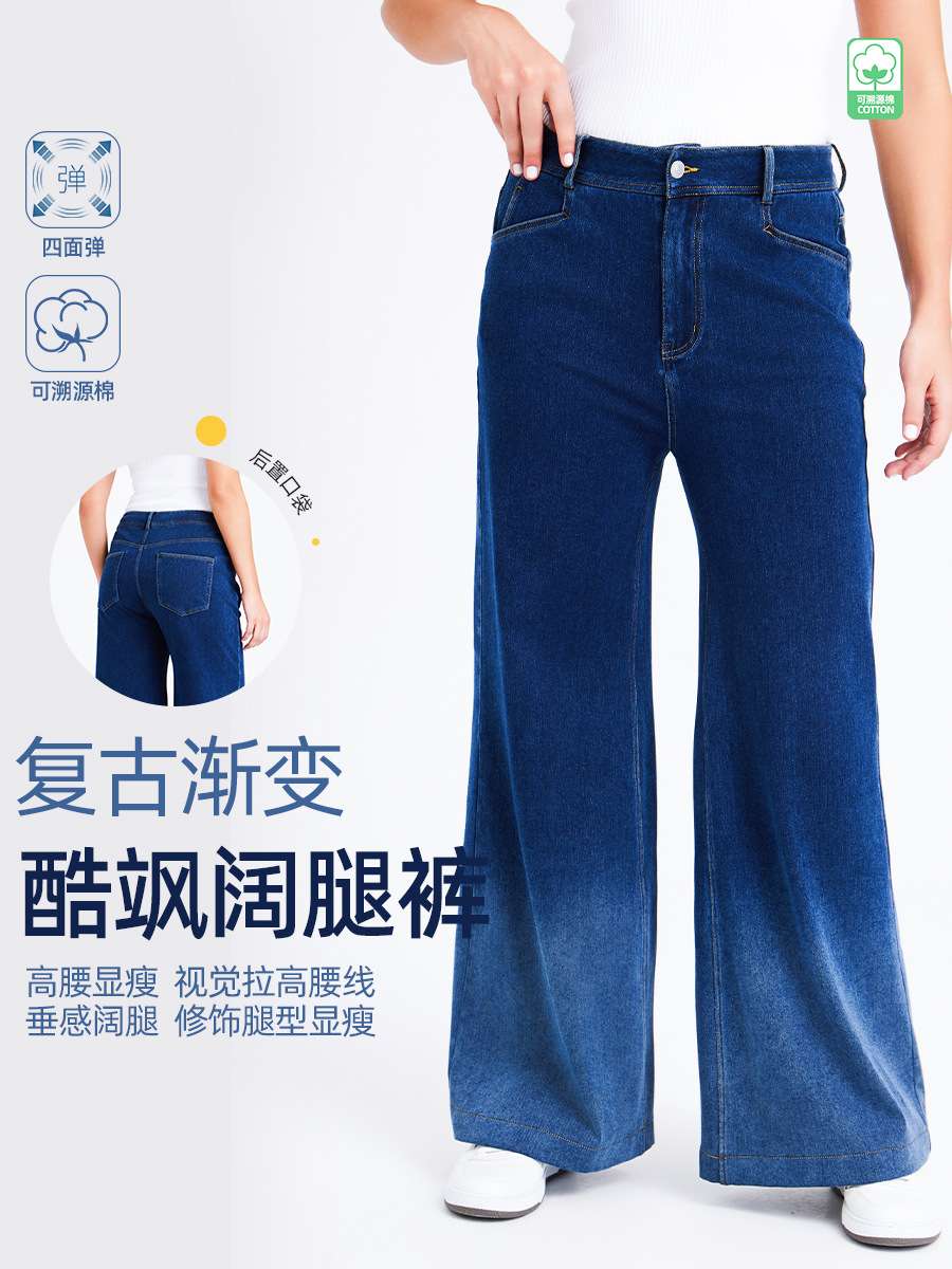 跨境新款渐变牛仔阔腿裤女高腰显瘦多口袋时尚宽松拉链健身休闲裤 牛仔裤女牛仔裤详情图2