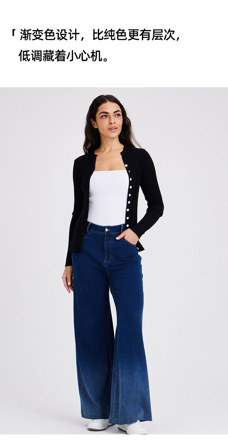 跨境新款渐变牛仔阔腿裤女高腰显瘦多口袋时尚宽松拉链健身休闲裤 牛仔裤女牛仔裤详情图9