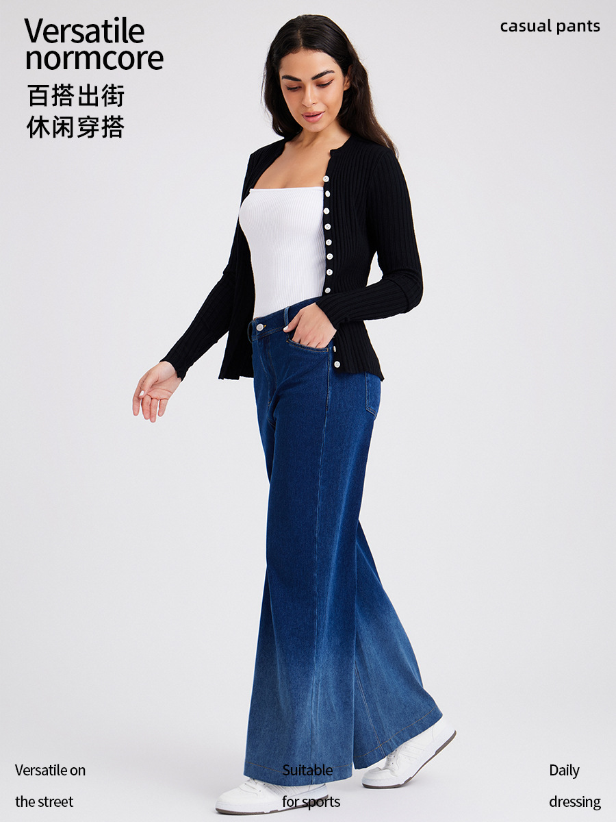 跨境新款渐变牛仔阔腿裤女高腰显瘦多口袋时尚宽松拉链健身休闲裤 牛仔裤女牛仔裤详情图3