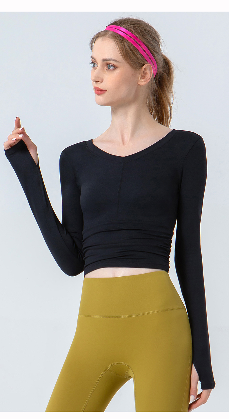 跨境欧美亚马逊秋冬新款瑜伽服长袖女 V领褶皱紧身显瘦露脐上衣 速干透气健身服瑜伽运动服饰瑜伽服详情图11