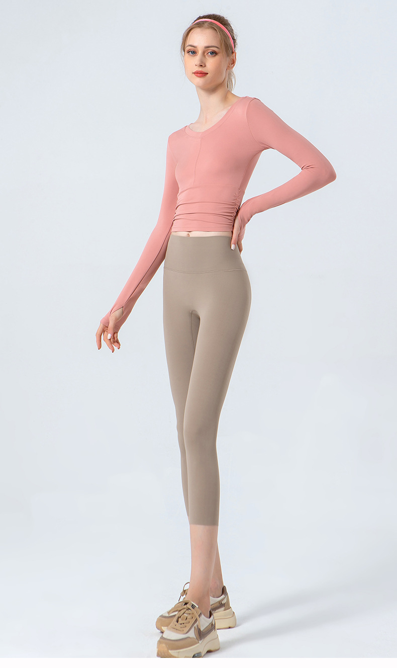 跨境欧美亚马逊秋冬新款瑜伽服长袖女 V领褶皱紧身显瘦露脐上衣 速干透气健身服瑜伽运动服饰瑜伽服详情图8