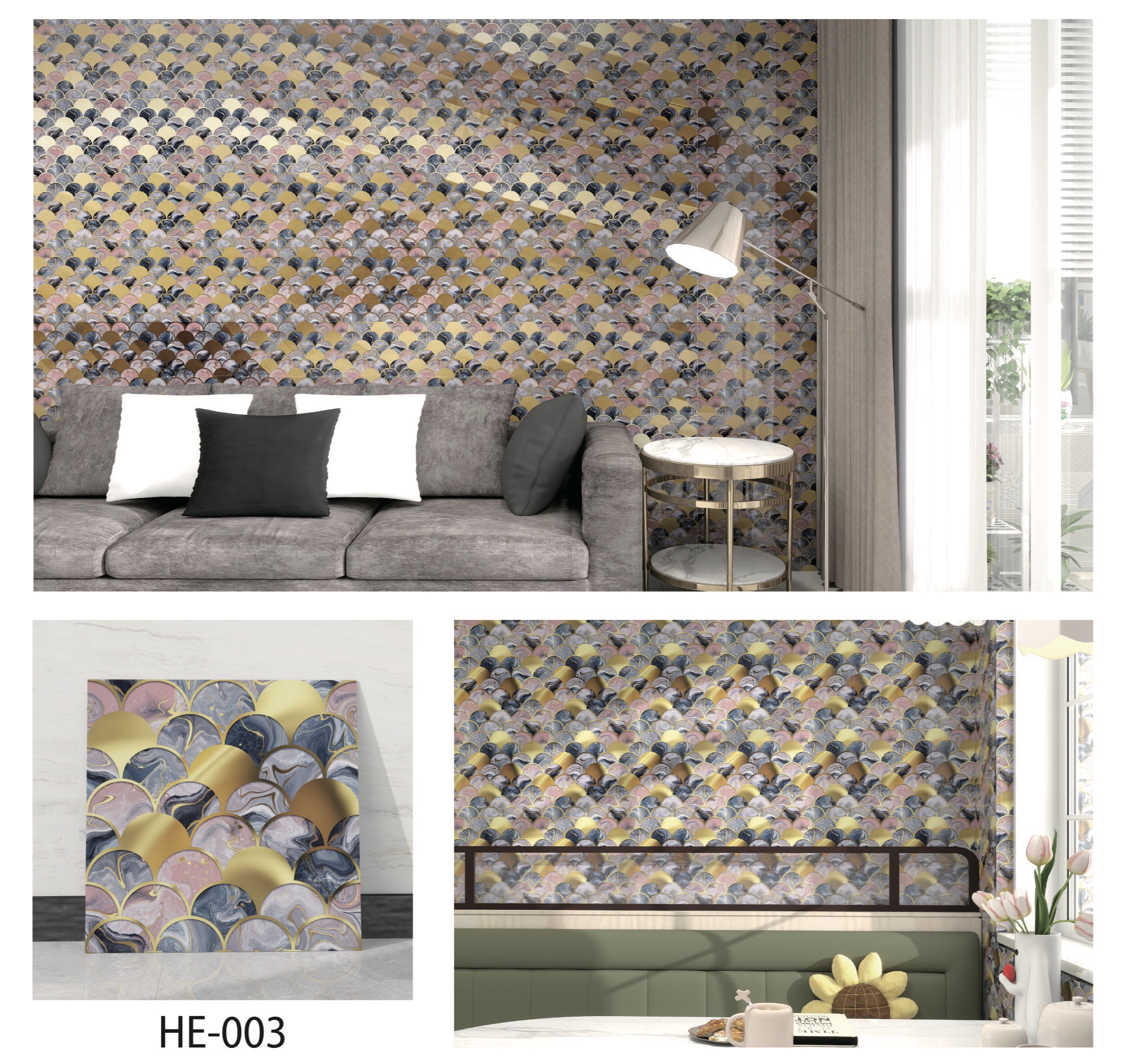 Geometric marble-patterned imitation tile wall stickers, self-adhesive light luxury gilded imitation tile wall stickers, glossy waterproof decorative wallpaper details Picture