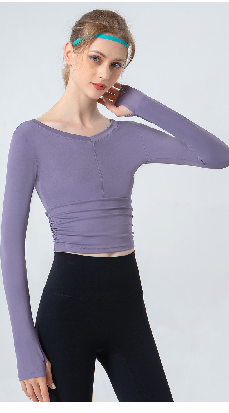 跨境欧美亚马逊秋冬新款瑜伽服长袖女 V领褶皱紧身显瘦露脐上衣 速干透气健身服瑜伽运动服饰瑜伽服详情图10