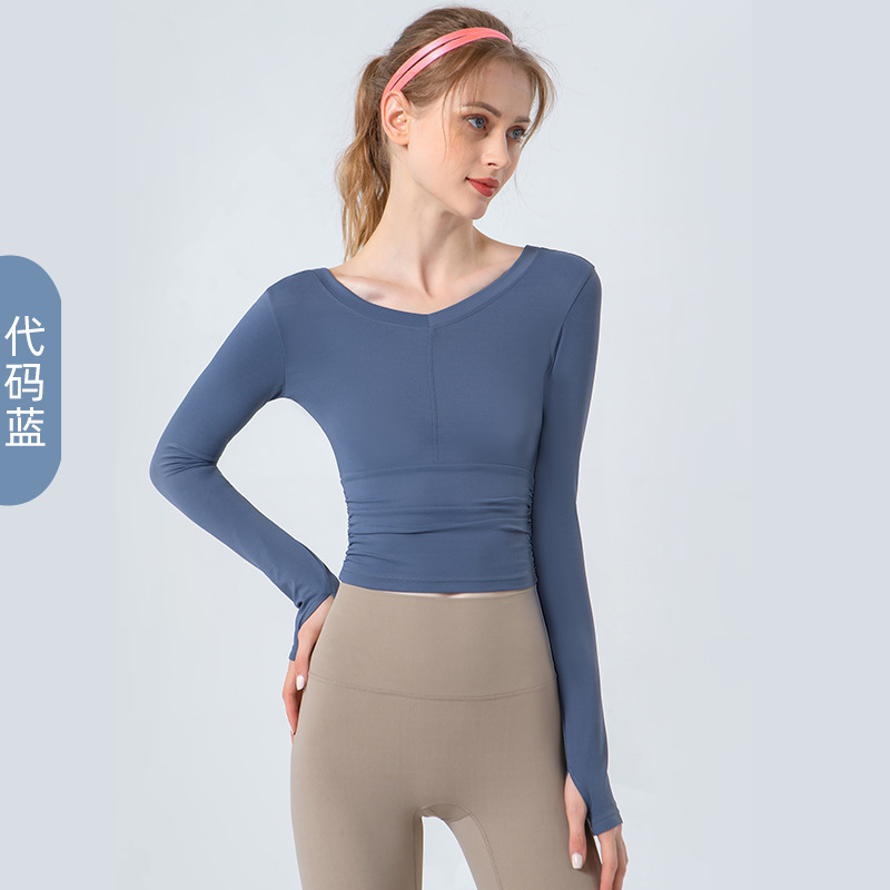 跨境欧美亚马逊秋冬新款瑜伽服长袖女 V领褶皱紧身显瘦露脐上衣 速干透气健身服瑜伽运动服饰瑜伽服产品图