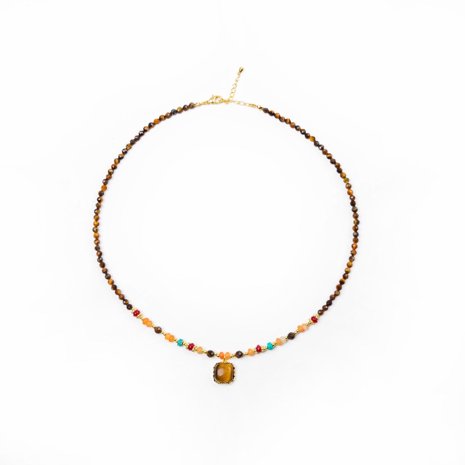 石头琉璃串珠圆形吊坠项链复古民族风锁骨链小众设计感毛衣链白底实物图