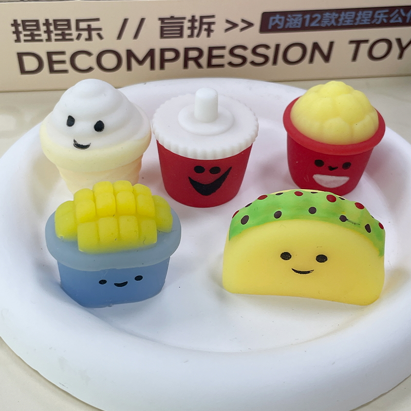 Hot-selling blind box family bucket, realistic food play, Kneading fun, children's soft rubber stress-relieving small balls, lucky box toy ornaments Item Picture